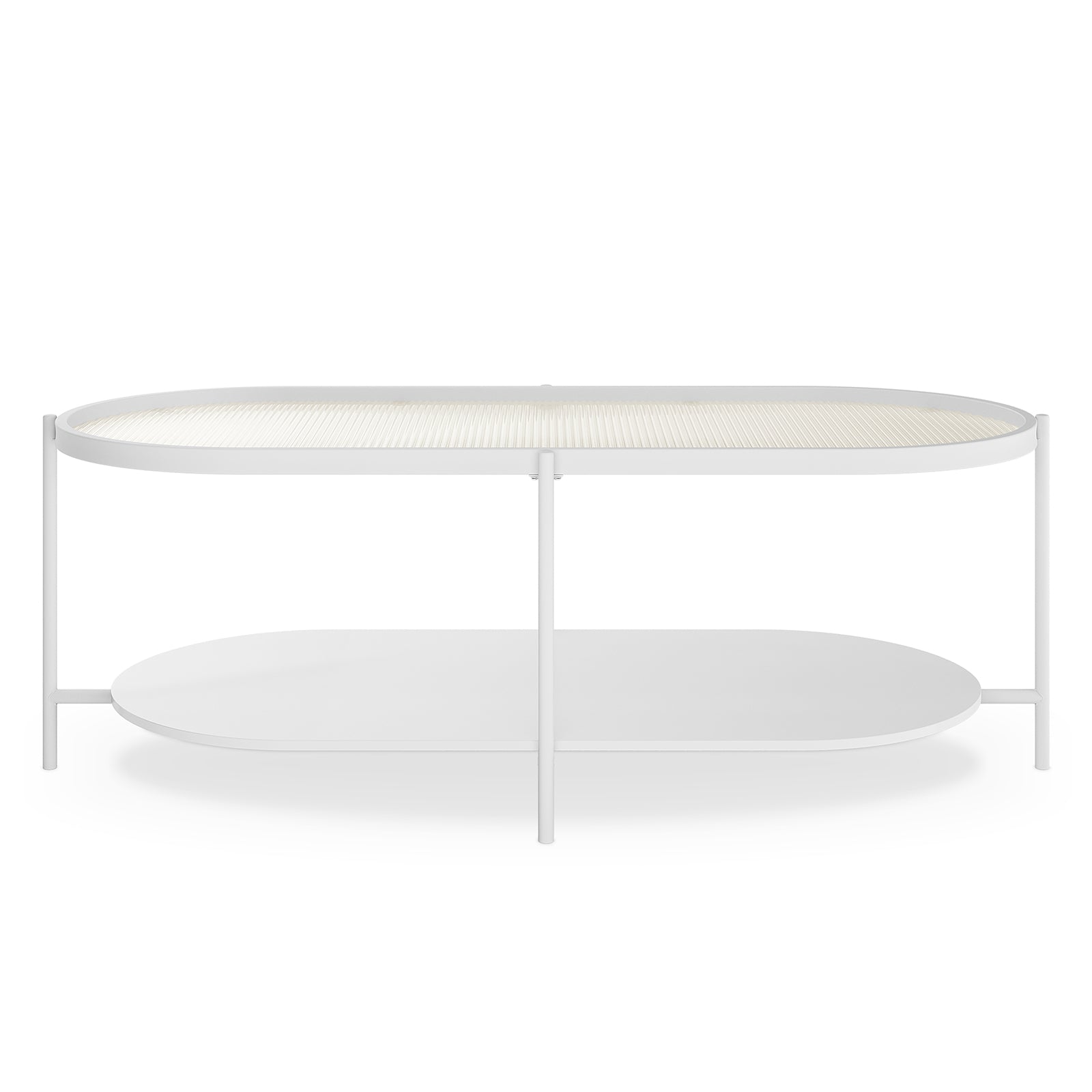 Rebecca Fluted Glass Coffee Table Set White features a sleek glass top and fluted design, supported by a metal frame and engineered wood base, emphasizing modern style and stability.