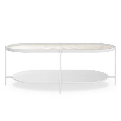 Rebecca Fluted Glass Coffee Table Set White features a sleek glass top and fluted design, supported by a metal frame and engineered wood base, emphasizing modern style and stability.