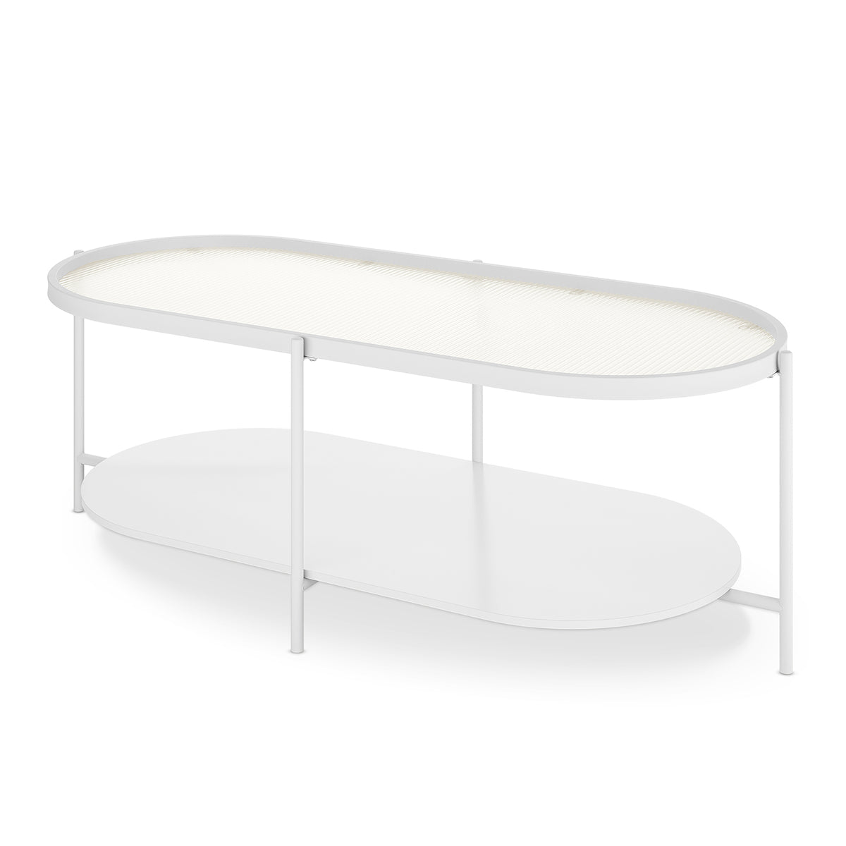 Rebecca Fluted Glass Coffee Table Set White features a modern design with a large and small table, fluted glass tops, metal legs, and a sturdy frame, perfect for contemporary living spaces.