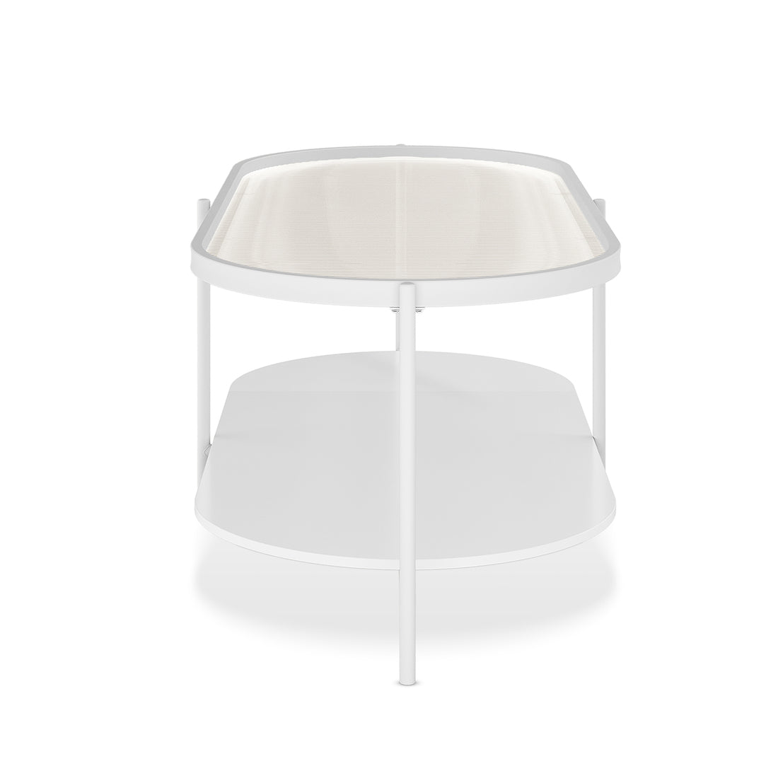Rebecca Fluted Glass Coffee Table Set White featuring a modern design with tempered glass tops and a sturdy metal frame, including a large and smaller table, displayed on a plain background.