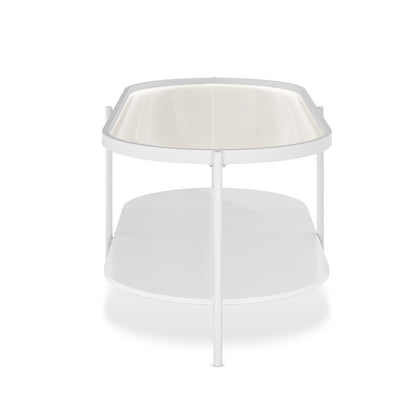 Rebecca Fluted Glass Coffee Table Set White featuring a modern design with tempered glass tops and a sturdy metal frame, including a large and smaller table, displayed on a plain background.