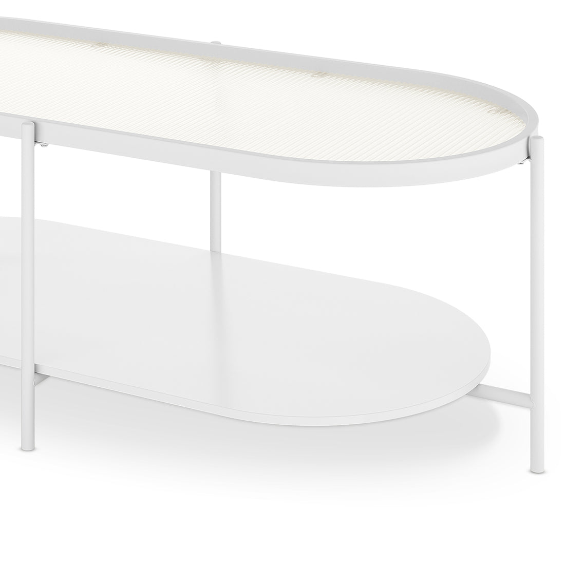 Rebecca Fluted Glass Coffee Table Set White features a modern design with a white cylindrical base and black top, showcasing fluted glass tabletops and a sturdy metal frame for stability.