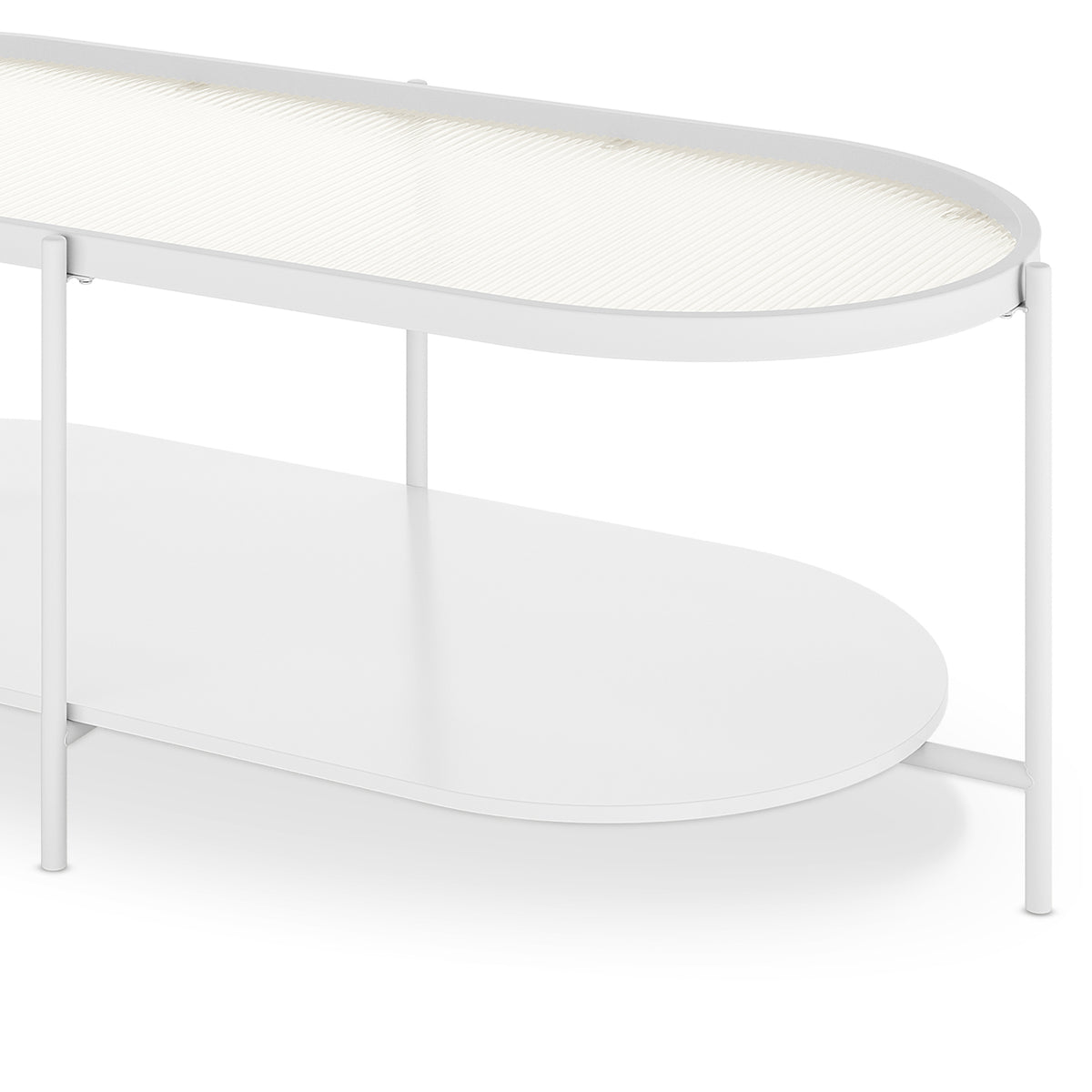 Rebecca Fluted Glass Coffee Table Set White features a modern design with a white cylindrical base and black top, showcasing fluted glass tabletops and a sturdy metal frame for stability.