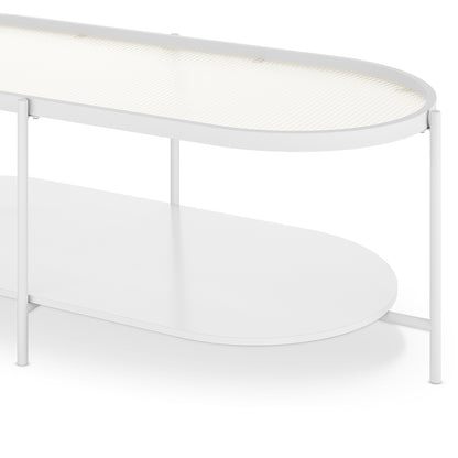Rebecca Fluted Glass Coffee Table Set White features a modern design with a white cylindrical base and black top, showcasing fluted glass tabletops and a sturdy metal frame for stability.