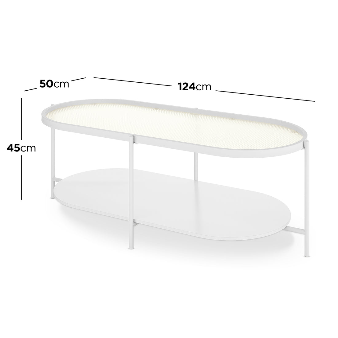 Rebecca Fluted Glass Coffee Table Set White, featuring a large and small table with fluted tempered glass tops, engineered wood bases, and sturdy metal frames, showcasing a modern, stylish design.