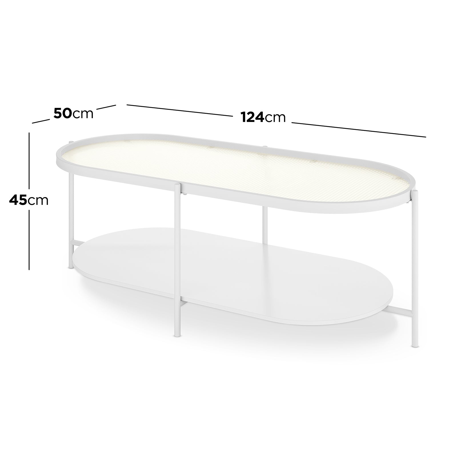 Rebecca Fluted Glass Coffee Table Set White, featuring a large and small table with fluted tempered glass tops, engineered wood bases, and sturdy metal frames, showcasing a modern, stylish design.