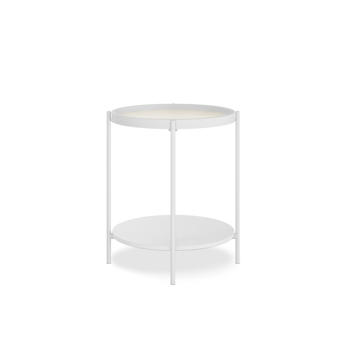 Rebecca Fluted Glass Coffee Table Set White features a modern design with round tempered glass tops and engineered wood bases, accompanied by a sturdy metal frame and unique anti-slip pads for stability.