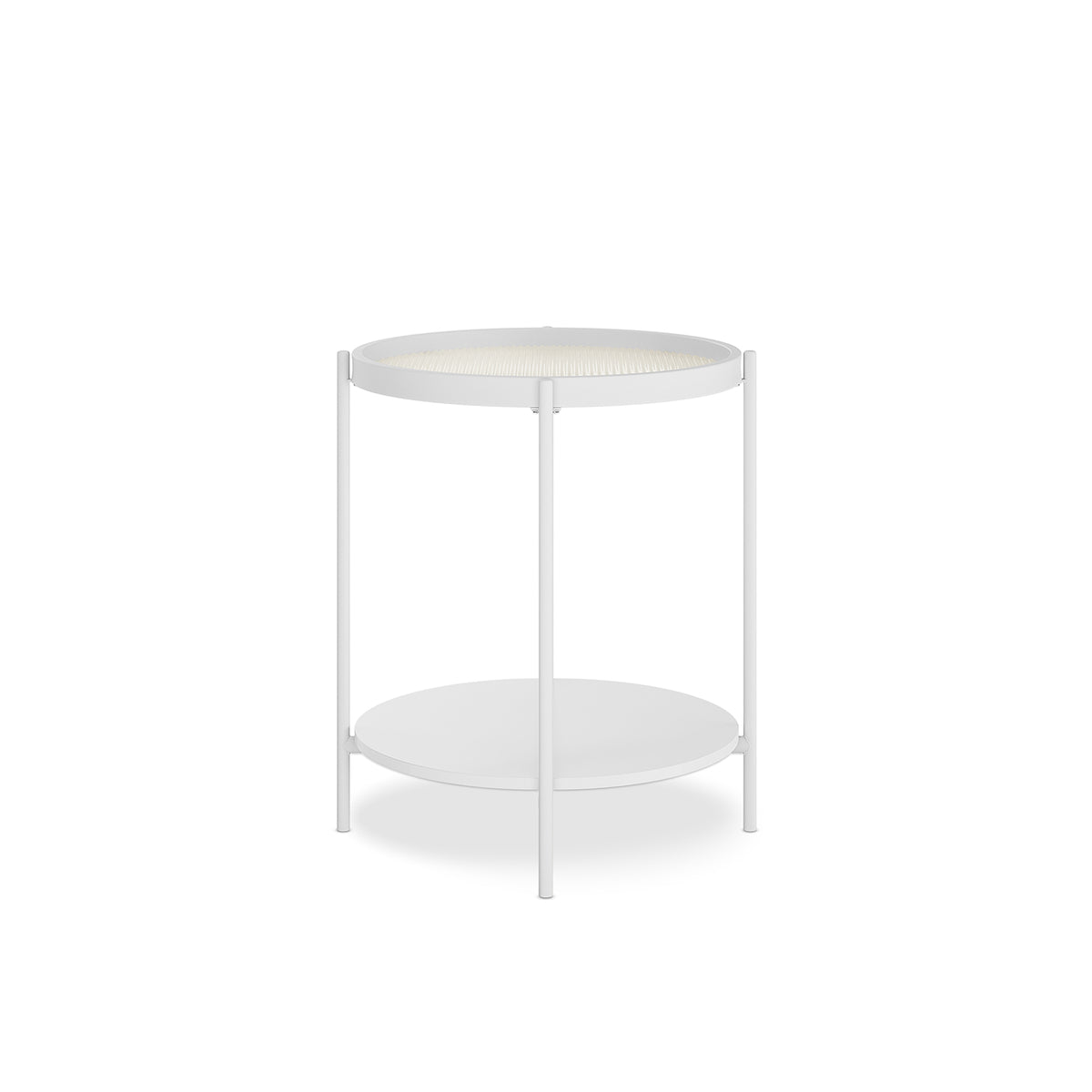 Rebecca Fluted Glass Coffee Table Set White features a modern design with round tempered glass tops and engineered wood bases, accompanied by a sturdy metal frame and unique anti-slip pads for stability.