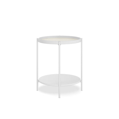Rebecca Fluted Glass Coffee Table Set White features a modern design with round tempered glass tops and engineered wood bases, accompanied by a sturdy metal frame and unique anti-slip pads for stability.