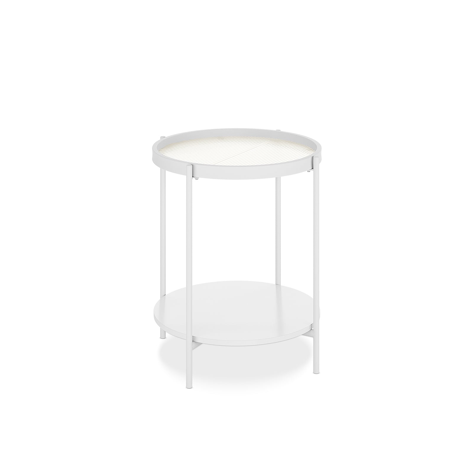 Rebecca Fluted Glass Coffee Table Set White features a modern design with fluted glass tabletops, sturdy metal frames, and engineered wood bases, offering a stylish and stable addition to any living room.