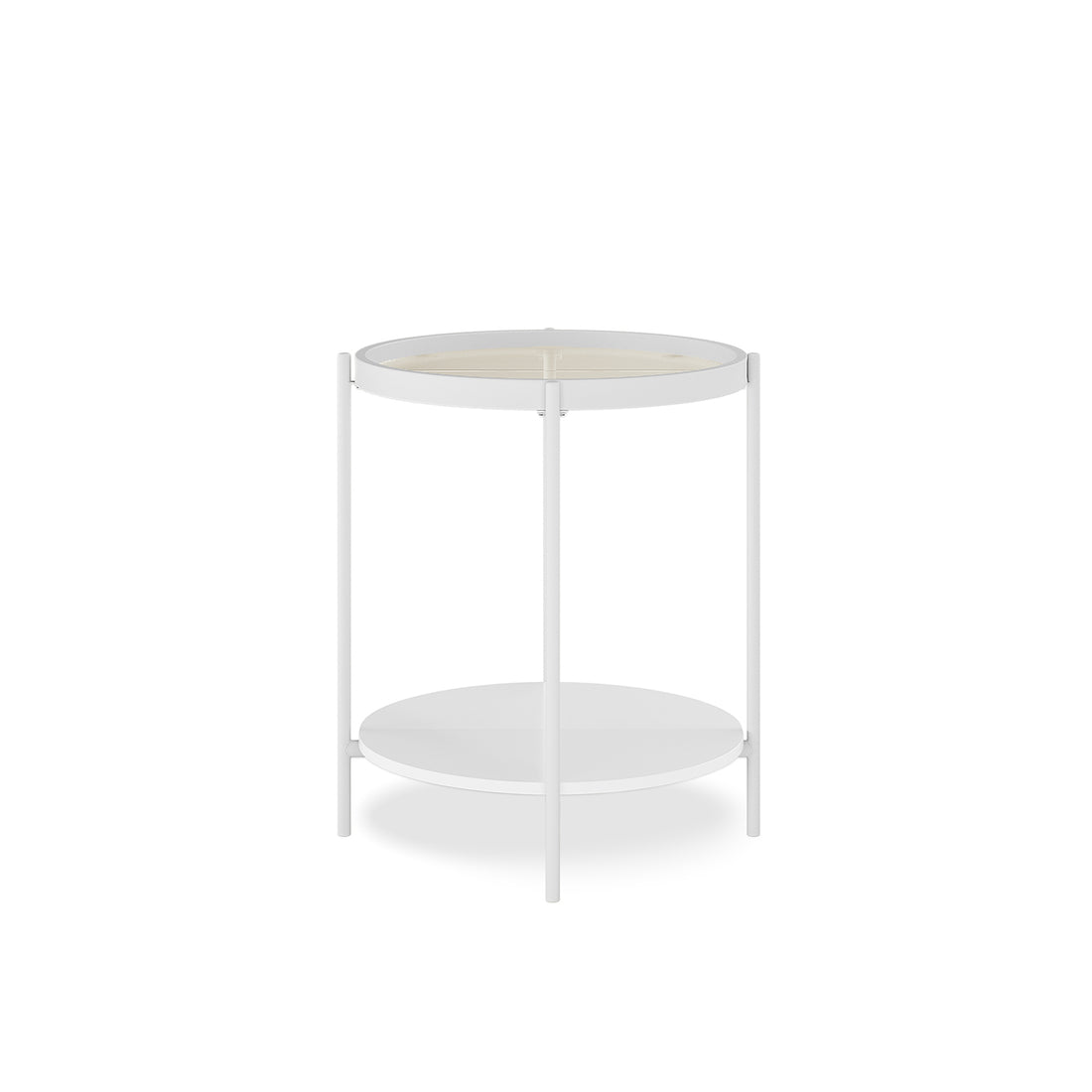 Rebecca Fluted Glass Coffee Table Set White, featuring a modern design with a round tabletop and shelf, showcasing fluted glass detail. Sturdy construction visible with metal frame and tempered glass.
