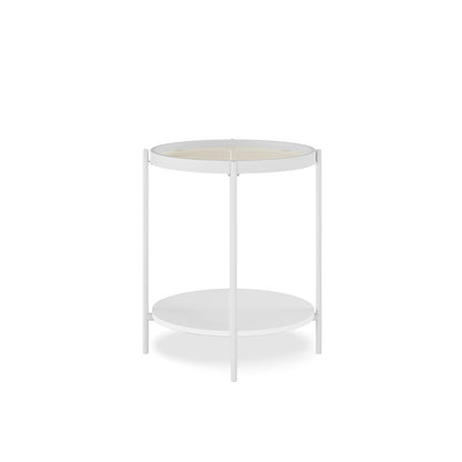 Rebecca Fluted Glass Coffee Table Set White, featuring a modern design with a round tabletop and shelf, showcasing fluted glass detail. Sturdy construction visible with metal frame and tempered glass.