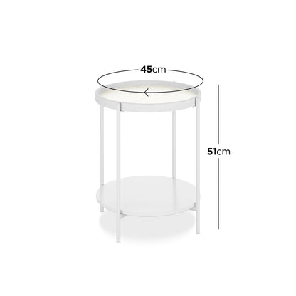 Rebecca Fluted Glass Coffee Table Set White features a modern design with a round white table and a shelf, showcasing fluted glass tabletops and sturdy metal frames, perfect for contemporary living spaces.