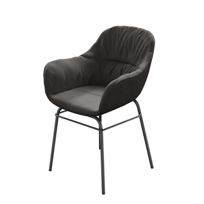 Rhea Suede Dining Chair Set of 2 in Black, featuring a modern design with padded, upholstered seats, integrated armrests, and slender powder-coated metal legs, displayed against a plain background.