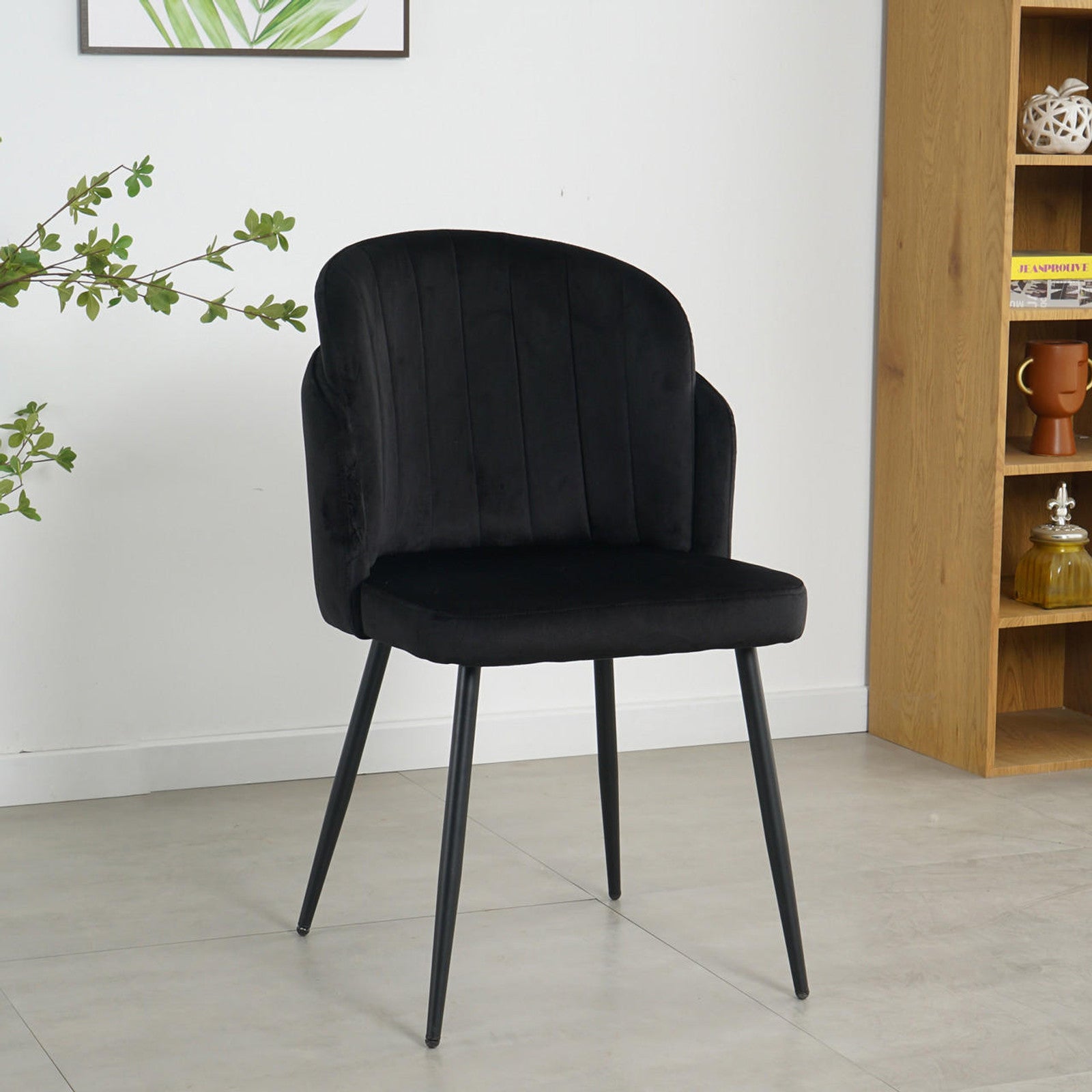 Scarlett Dining Chair Set of 6 in Black, featuring vertically channel-stitched, padded back and seat in black fabric on slender, slightly splayed black metal legs, ideal for modern dining spaces.