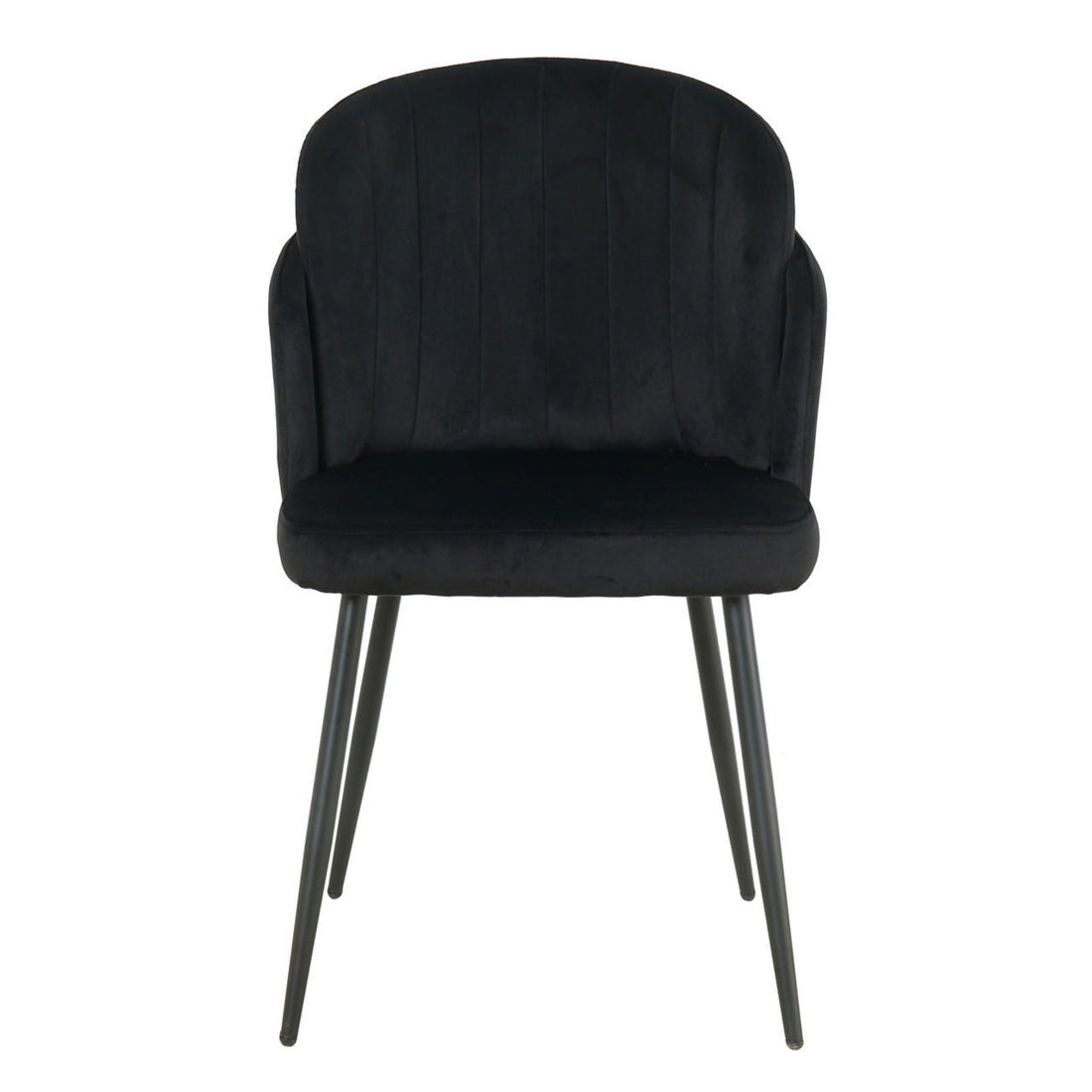 Scarlett Dining Chair Set of 6 in Black features a modern design with a low, rounded back, velvet-like upholstered seat, subtle channel stitching, and slender, splayed metal legs, offering elegance and comfort.