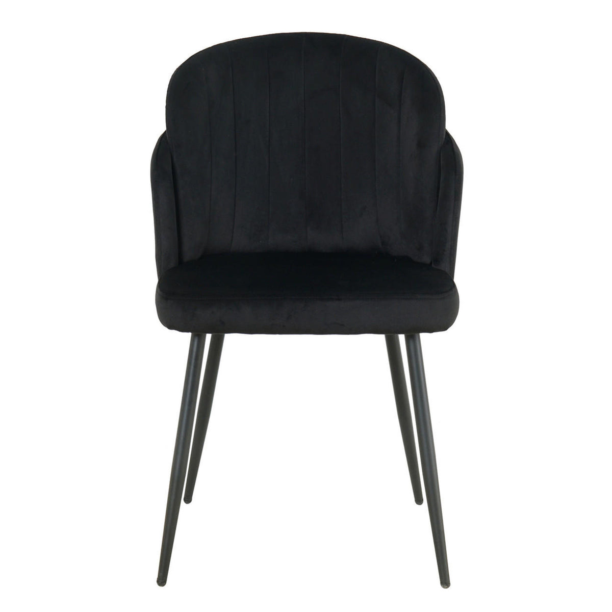 Scarlett Dining Chair Set of 6 in Black features a modern design with a low, rounded back, velvet-like upholstered seat, subtle channel stitching, and slender, splayed metal legs, offering elegance and comfort.
