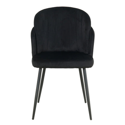 Scarlett Dining Chair Set of 6 in Black features a modern design with a low, rounded back, velvet-like upholstered seat, subtle channel stitching, and slender, splayed metal legs, offering elegance and comfort.