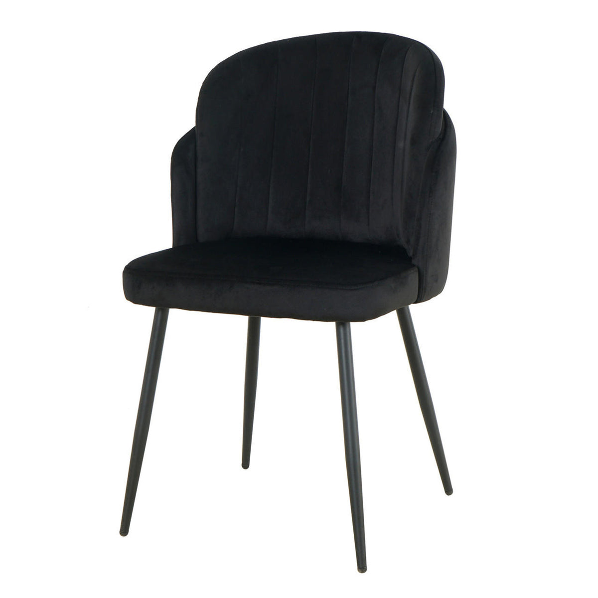 Scarlett Dining Chair Set of 6 in Black features modern upholstered design with gently curved, padded back and seat, and slender matte black metal legs, perfect for elegant dining settings.
