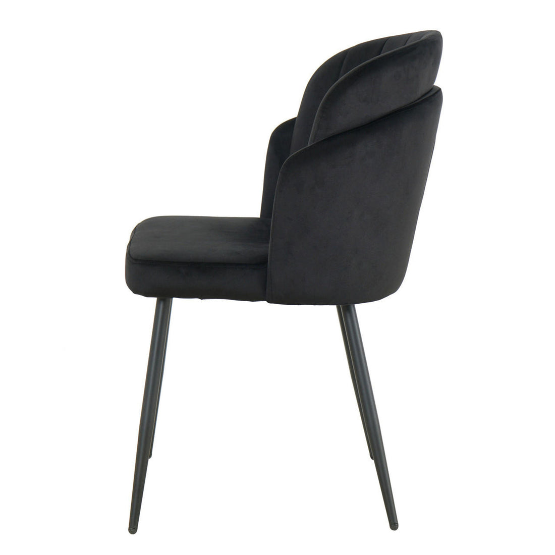 Scarlett Dining Chair Set of 6 in Black features a modern design with softly curved, velvet-like upholstered back and seat, complemented by slender, tapered metal legs, all finished in a cohesive black.