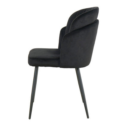 Scarlett Dining Chair Set of 6 in Black features a modern design with softly curved, velvet-like upholstered back and seat, complemented by slender, tapered metal legs, all finished in a cohesive black.