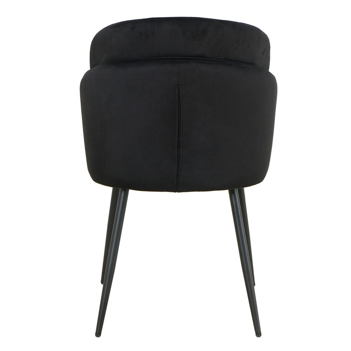 Scarlett Dining Chair Set of 6 in Black, showcasing a rear view of a chair with a softly rounded backrest and four slender, tapered metal legs, perfect for modern dining spaces.