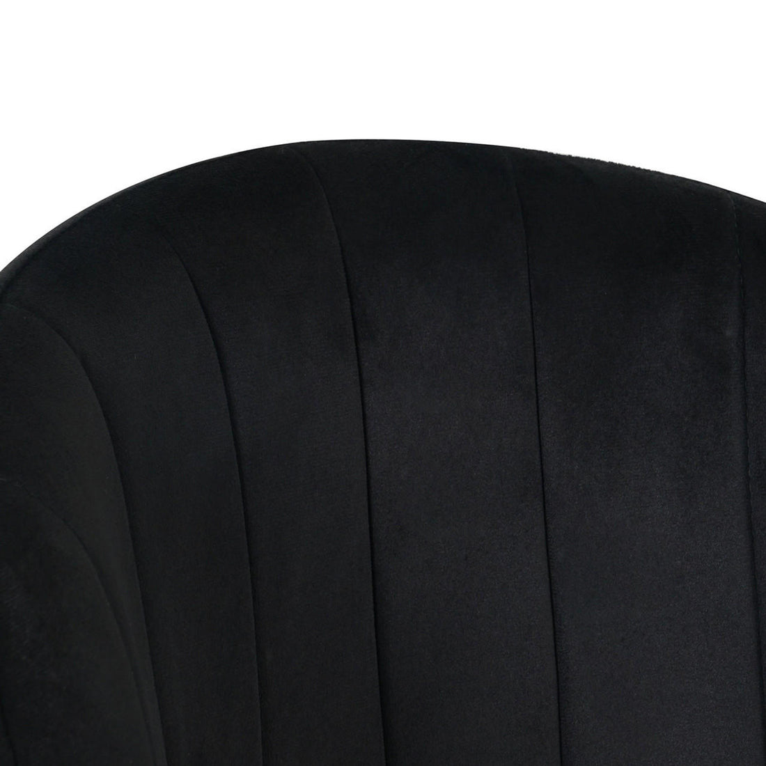 Scarlett Dining Chair Set of 6 in Black features a close-up of a chair back with velvet-like fabric and vertical channel stitching, creating a softly curved, scallop-style design.
