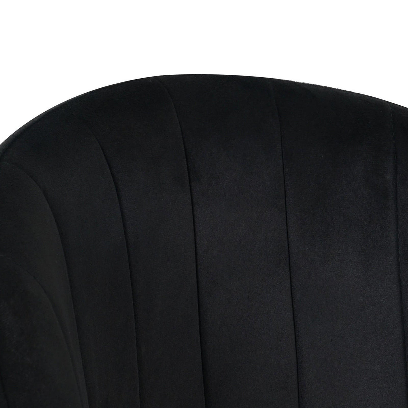 Scarlett Dining Chair Set of 6 in Black features a close-up of a chair back with velvet-like fabric and vertical channel stitching, creating a softly curved, scallop-style design.