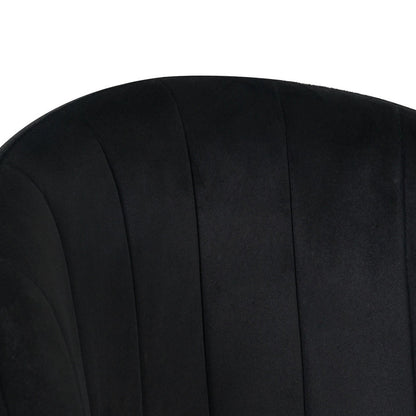 Scarlett Dining Chair Set of 6 in Black features a close-up of a chair back with velvet-like fabric and vertical channel stitching, creating a softly curved, scallop-style design.