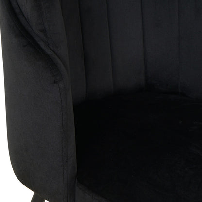 Scarlett Dining Chair Set of 6 in Black features a close-up of the chair's soft, velvet-style upholstery with vertical channel stitching on the backrest and a sleek arm design.