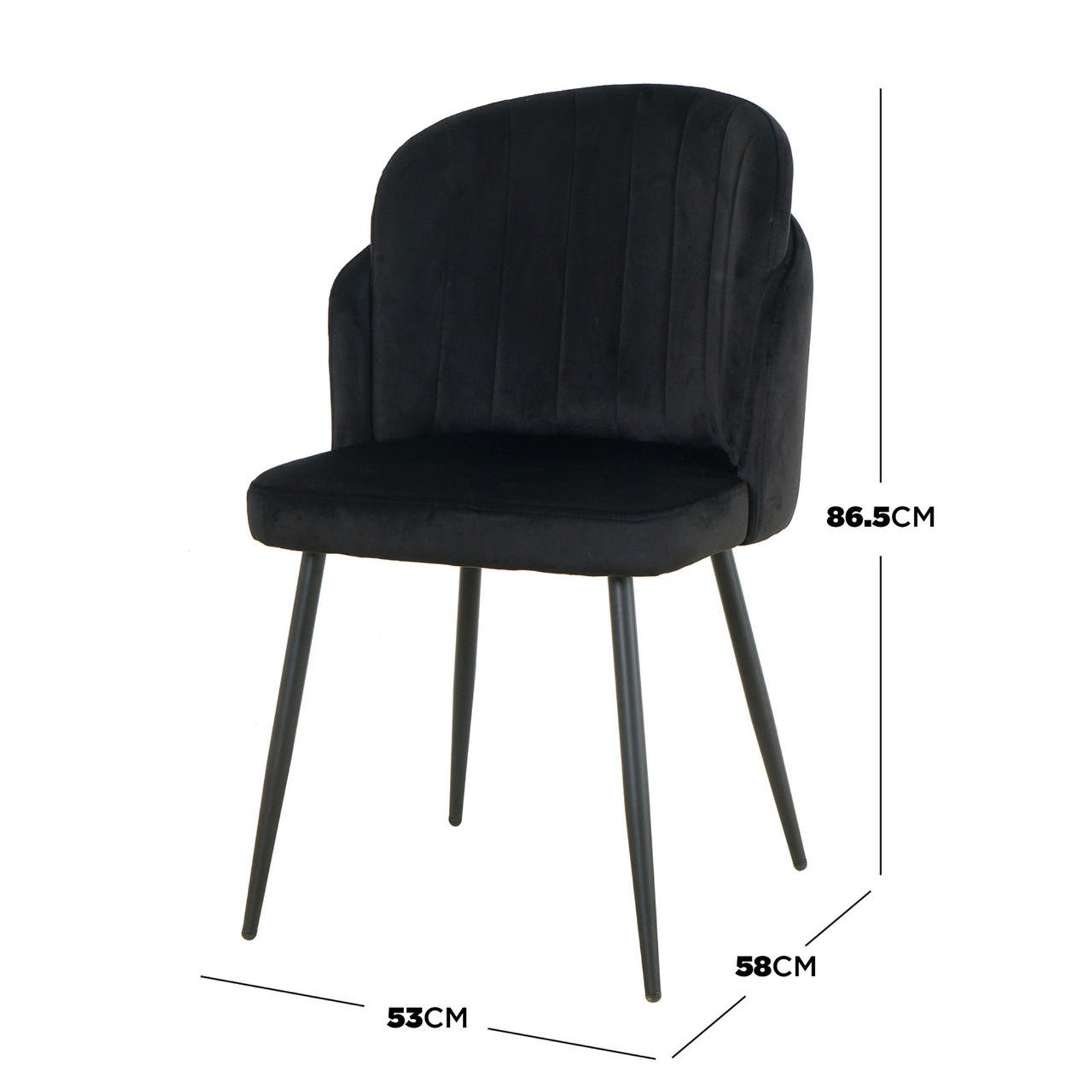 Scarlett Dining Chair Set of 6 in Black features a modern design with a black velvet-like upholstered seat, vertically-channeled backrest, and slender splayed metal legs. Dimensions: 53 cm W, 58 cm D, 86.5 cm H.