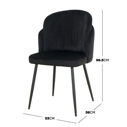 Scarlett Dining Chair Set of 6 in Black features a modern design with a black velvet-like upholstered seat, vertically-channeled backrest, and slender splayed metal legs. Dimensions: 53 cm W, 58 cm D, 86.5 cm H.
