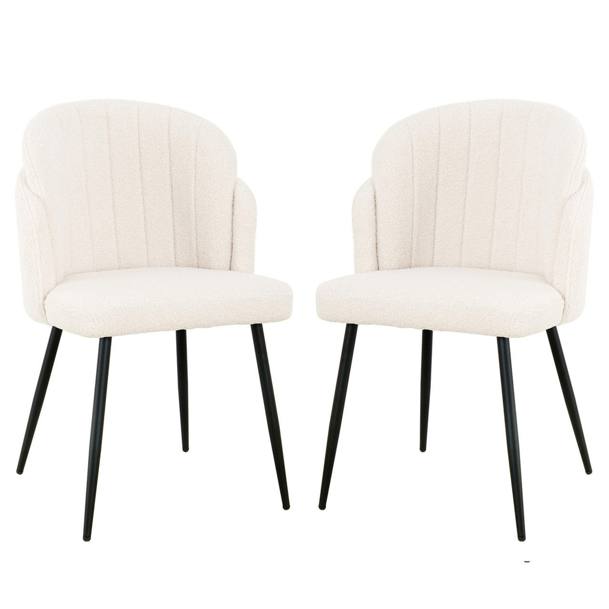 Scarlett Boucle Dining Chair Set of 2 in Cream White, featuring cream-white, channel-stitched upholstered seats and backs on splayed black metal legs, offering a modern and elegant dining experience.