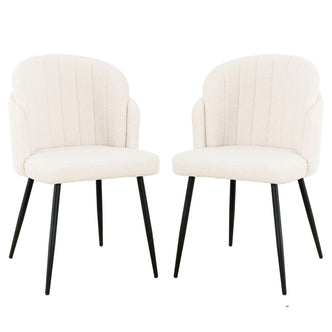 Scarlett Boucle Dining Chair Set of 2 in Cream White, featuring cream-white, channel-stitched upholstered seats and backs on splayed black metal legs, offering a modern and elegant dining experience.
