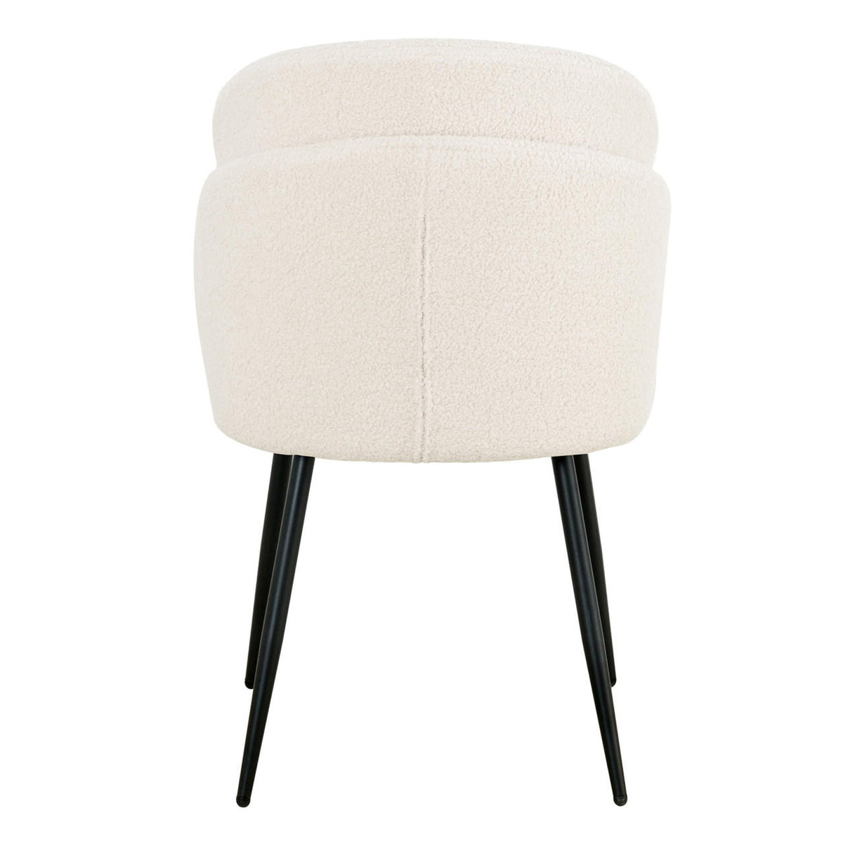 Scarlett Boucle Dining Chair Set of 2 in Cream White, featuring a modern design with a low, curved back, upholstered in textured boucle fabric, supported by slender black metal legs.