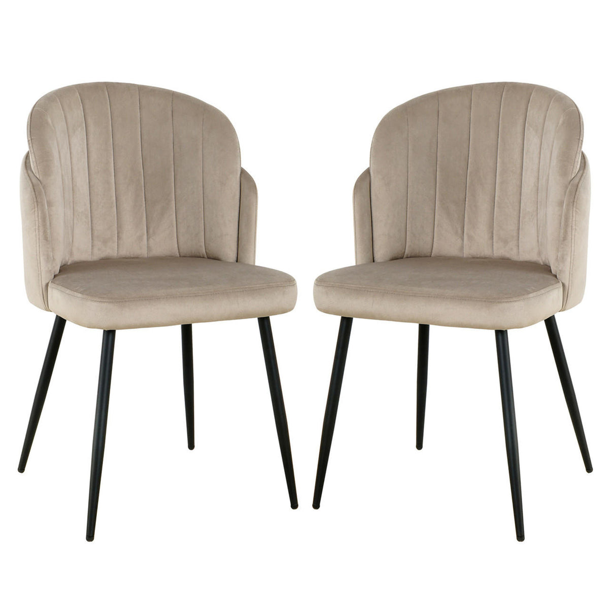 Scarlett Velvet Dining Chair Set of 2 in Warm Grey features padded, channel-stitched backs and seats in velvet, with slender black metal legs, embodying a modern/mid-century design.