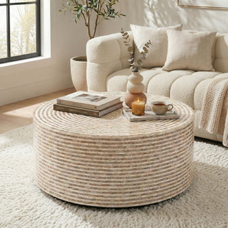 Round mother of pearl coffee table in mocha cream with mosaic tile pattern