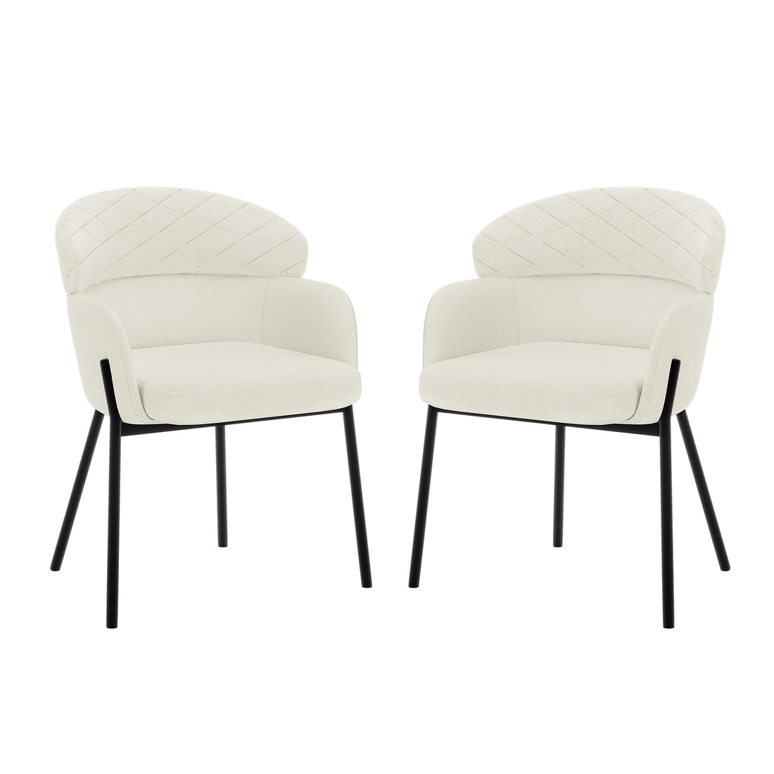 Sofia Chenille Fabric Dining Chair Off White Set of 2 features plush white upholstery and sleek black legs, offering a modern and comfortable seating solution for dining or accent use.
