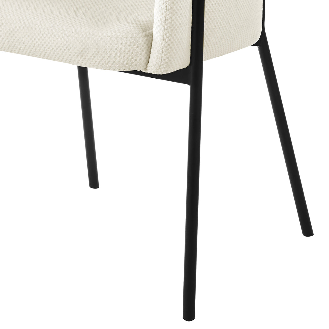 Sofia Chenille Fabric Dining Chair Off White Set of 2 features a white chair with black legs, showcasing a Scandinavian design with a curved backrest and armrest support for elegant dining spaces.