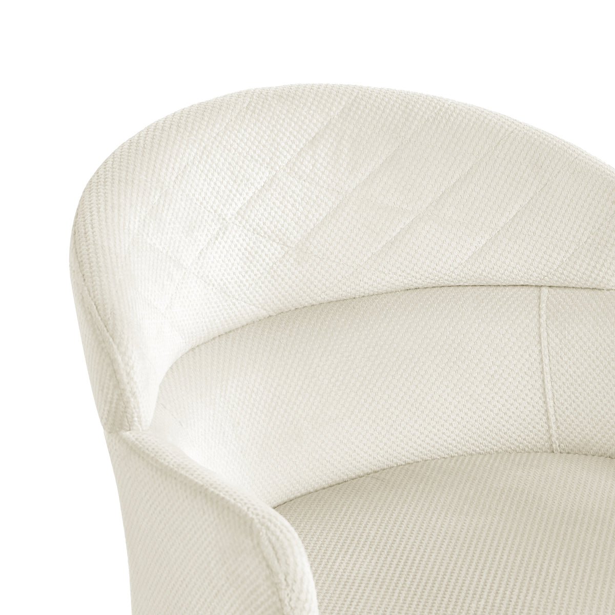 Close-up of the Sofia Chenille Fabric Dining Chair Off White Set of 2, highlighting its plush chenille upholstery, curved backrest, armrests, and sleek Scandinavian design with a sturdy, powder-coated steel frame.