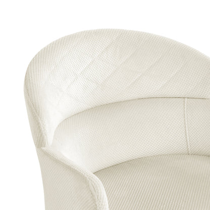 Close-up of the Sofia Chenille Fabric Dining Chair Off White Set of 2, highlighting its plush chenille upholstery, curved backrest, armrests, and sleek Scandinavian design with a sturdy, powder-coated steel frame.