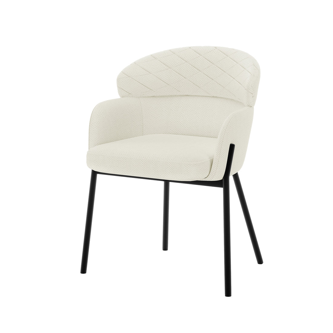 Sofia Chenille Fabric Dining Chairs, set of two, featuring white seats with black legs, armrests, and a curved backrest, embodying Scandinavian design suited for dining or living spaces.