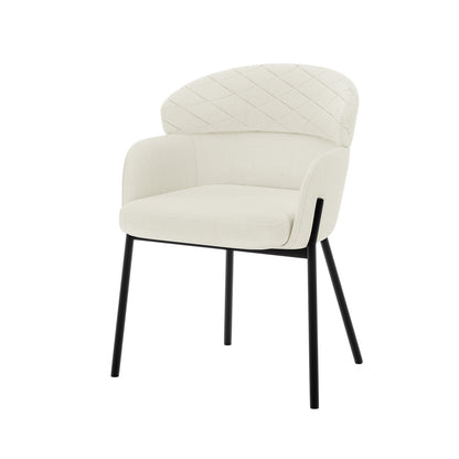 Sofia Chenille Fabric Dining Chairs, set of two, featuring white seats with black legs, armrests, and a curved backrest, embodying Scandinavian design suited for dining or living spaces.