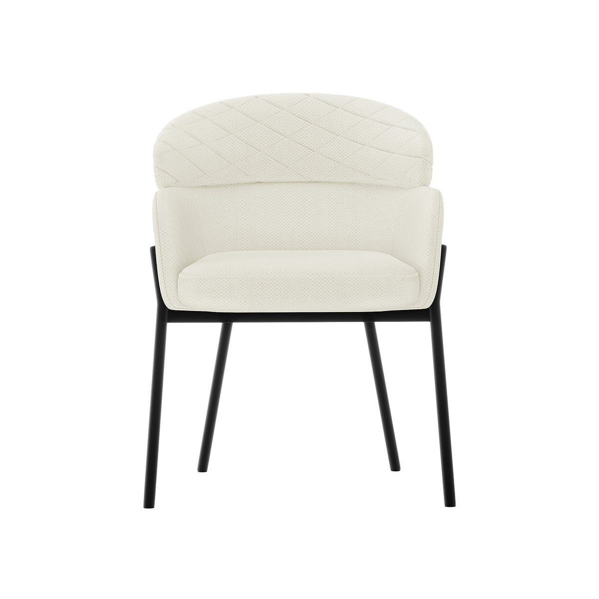Sofia Chenille Fabric Dining Chair Off White Set of 2, featuring a plush armrest design with a curved backrest and black legs, exemplifying Scandinavian elegance and comfort.