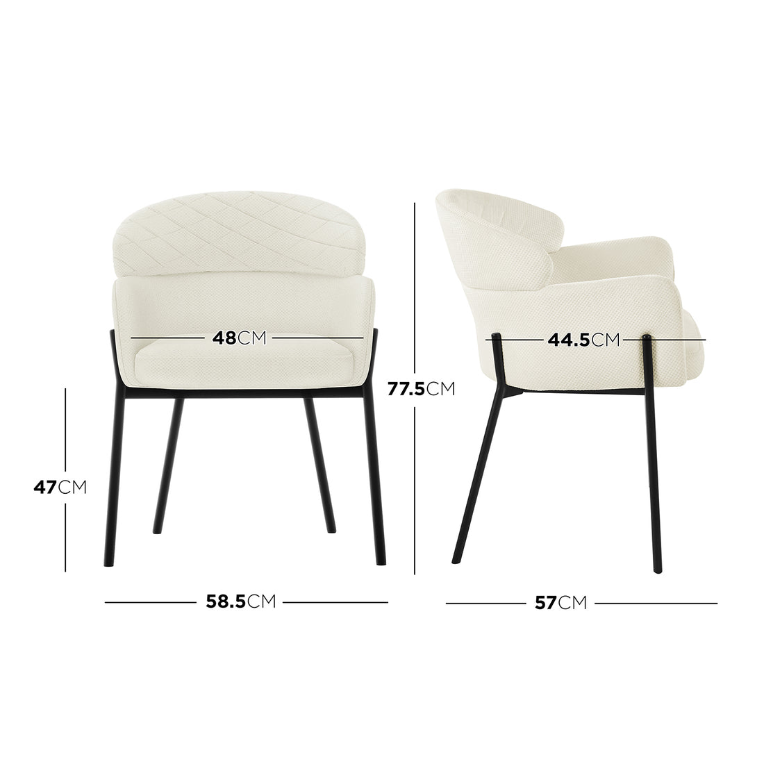 Sofia Chenille Fabric Dining Chair Off White Set of 2, featuring a white chair with black legs and a white cushion with a diamond pattern, embodying Scandinavian style and armrest design.