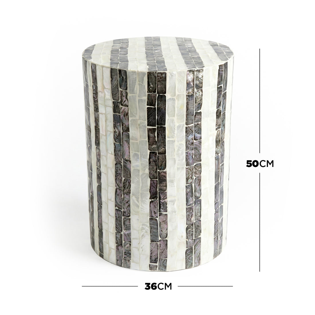 Full view of cylindrical side table on white background with dimensions labeled