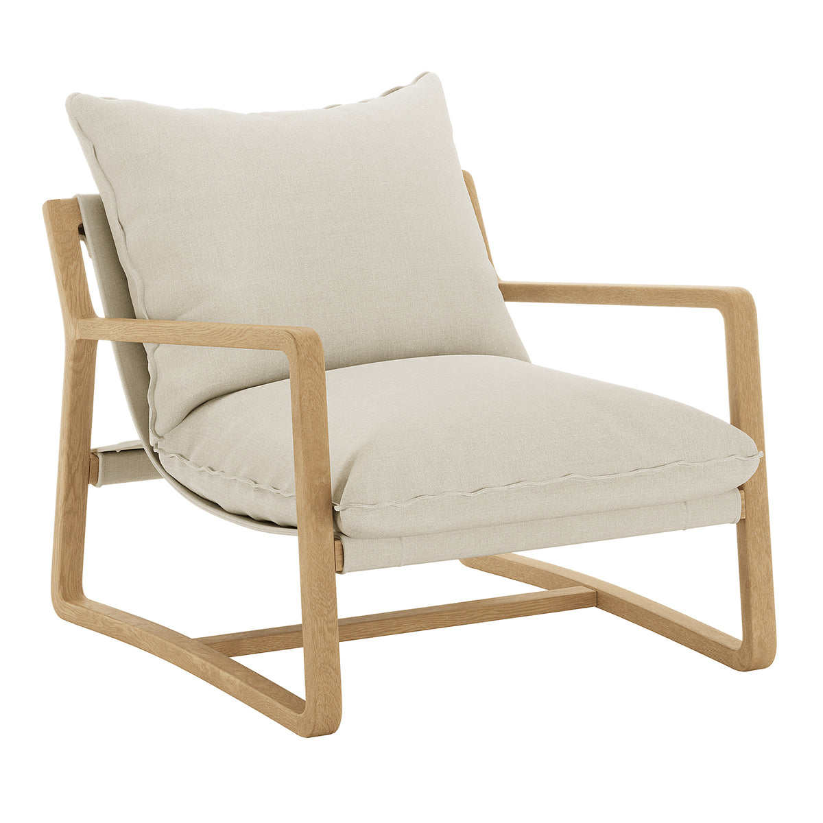 Tilly Linen Hardwood Arm Chair featuring a solid wooden frame, cushioned armrests, and a plush seat. The chair combines minimalist elegance with durable construction for lasting comfort and style.