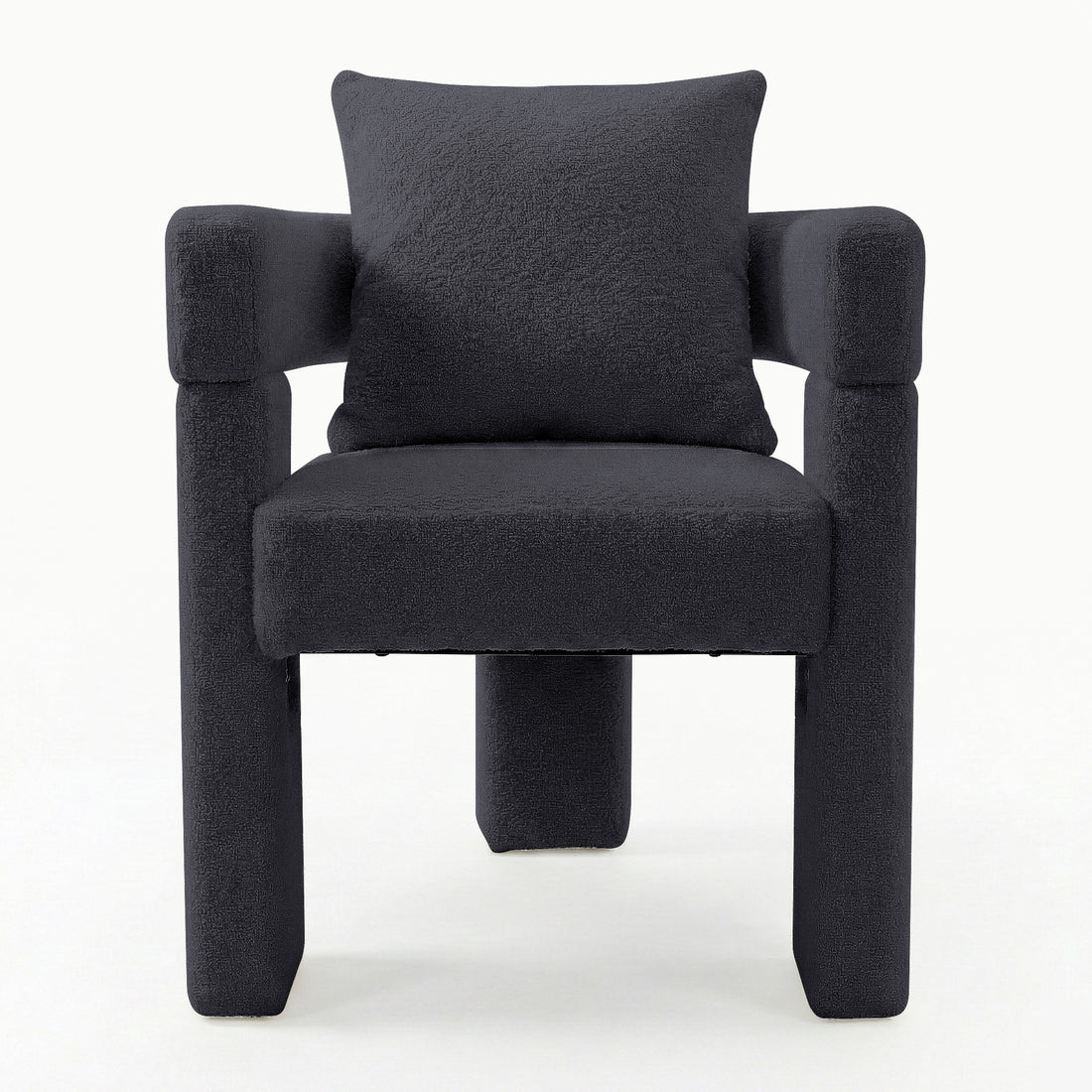Utah Bouclé Curved 3 Legged Accent Chair in Black with tubular armrests, padded seat and high backrest