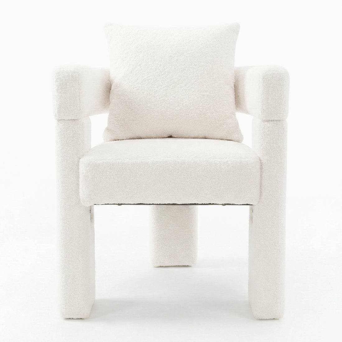 Utah Bouclé Curved 3 Legged Accent Chair in Cream, front view showing plush bouclé upholstery, curved back cushion, chunky