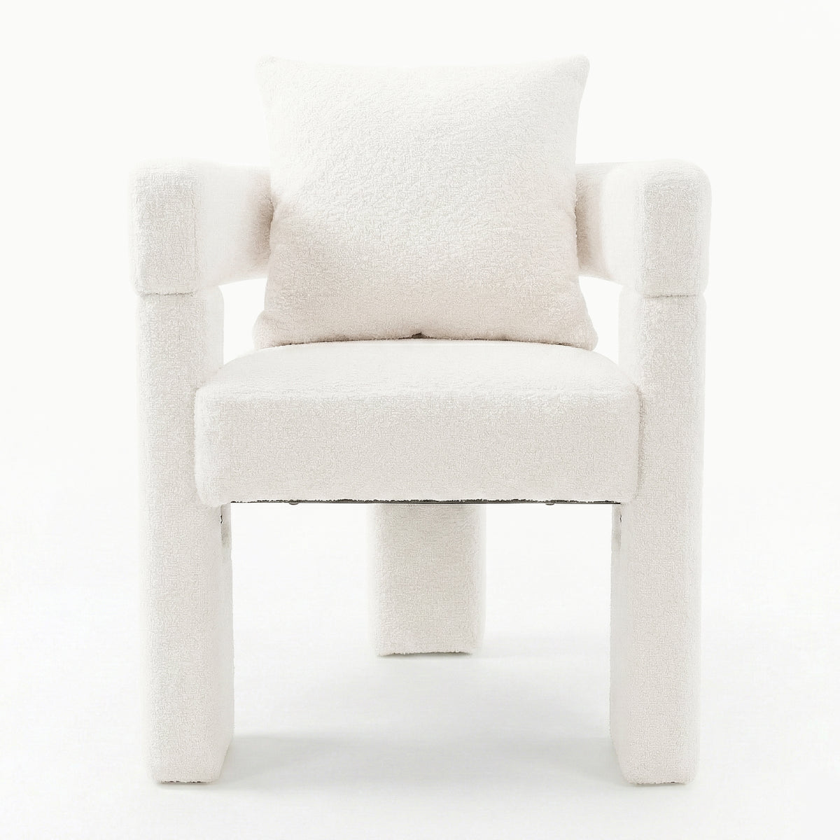Utah Bouclé Curved 3 Legged Accent Chair in Cream, front view showing plush bouclé upholstery, curved back cushion, chunky